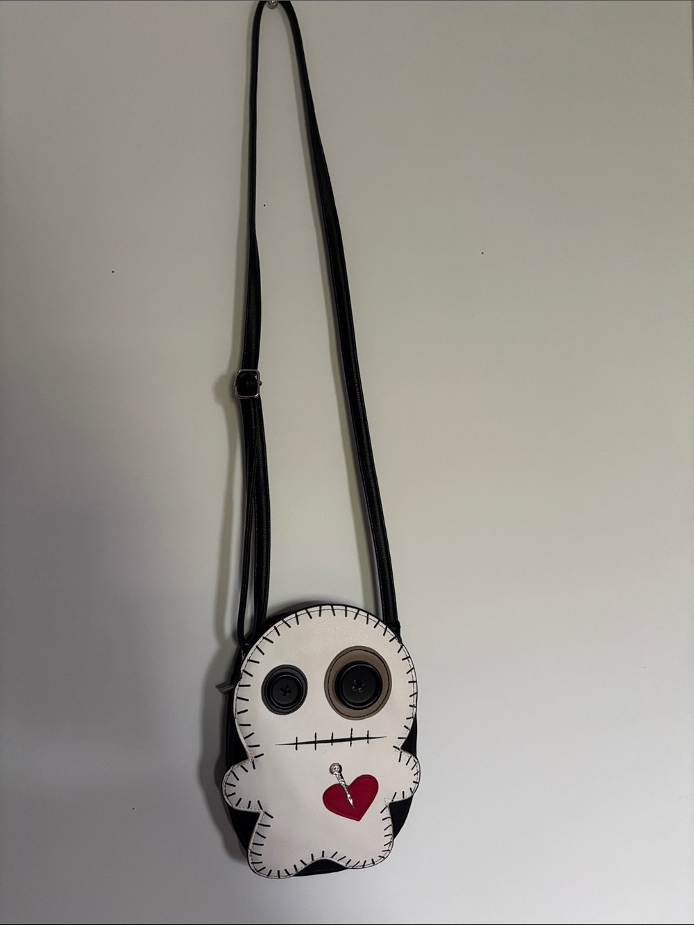 White Voodoo Doll Crossbody Bag with Red Heart Accent